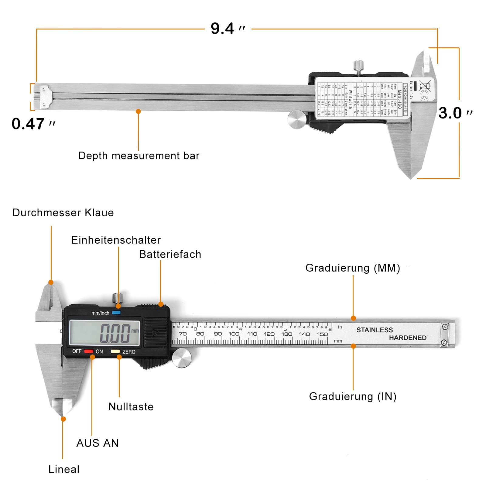 Vinabo Pied a Coulisse Digital, Pied à Coulisse Numérique Classique en Acier Inoxydable, Professionnel Caliper Avec Grand Écran LCD， Précision Digital Outil Micromètre Vernier, Résiste Eclaboussures