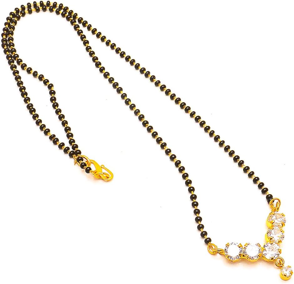 Mangalsutra Black Crystal Beads Chain Wedding Bridal Ad Cz Color Stones Two-Tone Silver Gold Plated Pendant Tanmaniyam Jewelry With Earrings For Women