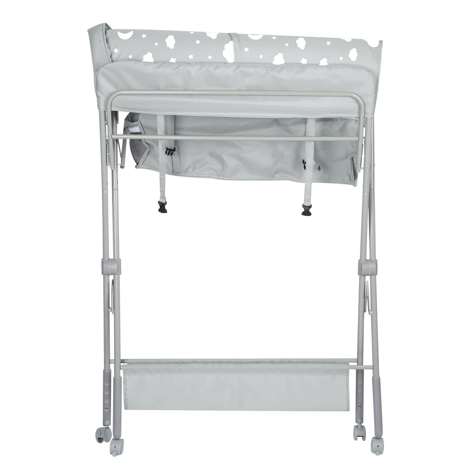 Table à langer pour bébé avec roues, station à langer pliante portable à hauteur réglable avec organiseur de pépinière et support de rangement pour nouveau-né et nourrisson-80 * 58 * 90 cm-gris clair