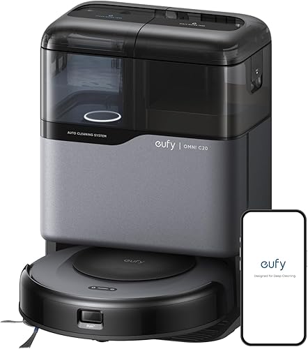 eufy Robot Vacuum Omni C20, 7,000 Pa, 60 Days Self Emptying, Auto Mop Washing, Auto Drying, 3.35" Ultra Slim, Transparent Tanks, Robot Vacuum and Mop Combo