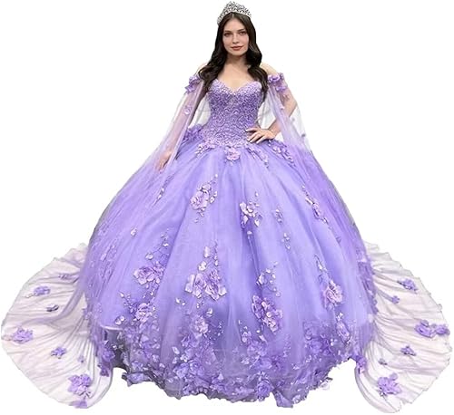 Asulla Precioso vestido de quinceañera de flores 3D con capa desmontable fuera del hombro vestido de bola para dulces 16 fiesta 15 años