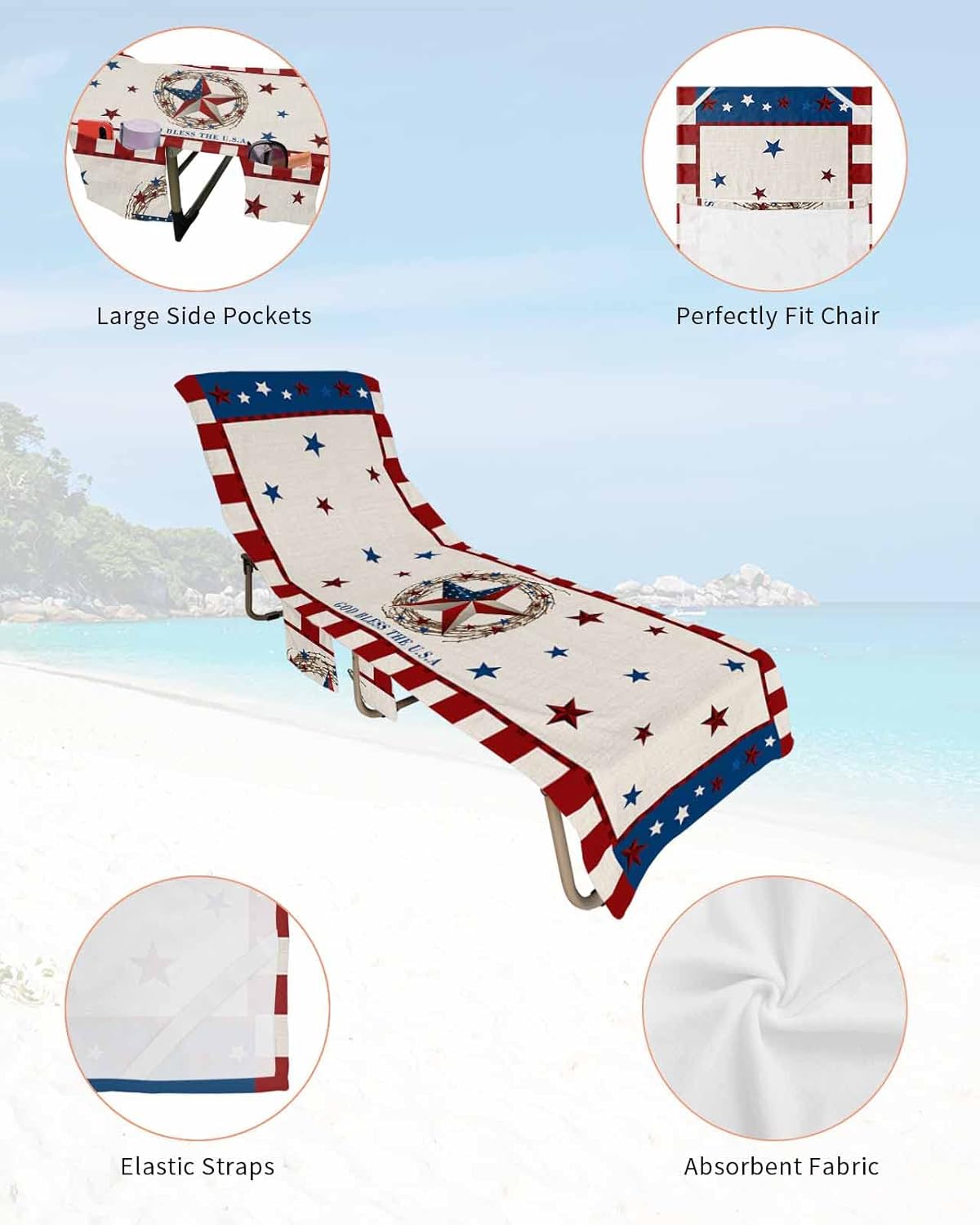 Country Rustic Barn Star Beach Pool Patio Lounge Chaise Chair Cover Towel With Pockets,Absorbent & Quick Dry Microfiber Towel Cover Bag Summer Accessories for Sunbathing Red Blue Independence Day