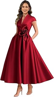 Tea Length Satin Mother of The Bride Dresses for Women V Neck A Line Formal Evening Dresses with Cap Sleeves