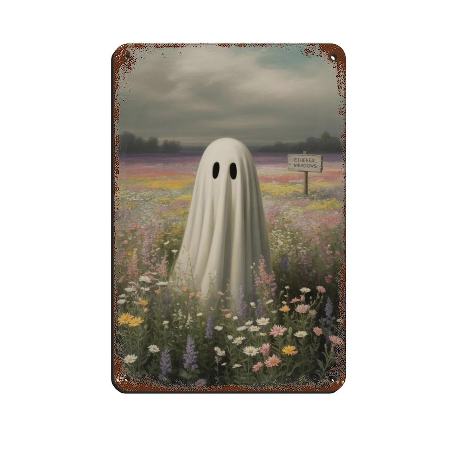 Ghost in The Wildflower Poster, Spooky Art Tin Sign Vintage Metal Pub Club Cafe Bar Home Wall Art Decoration Poster Retro 8x12inch(20x30cm)