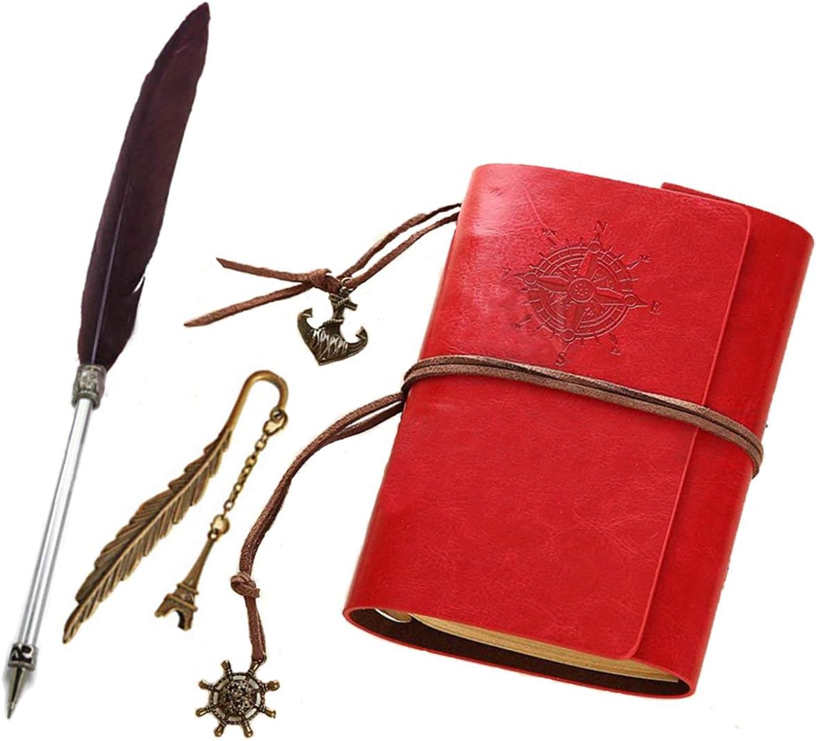 Refillable PU Leather Journal Notebook with Special Feather Ballpoint Pen and Bookmark, Unlined Paper Travel Diary Jotter, Handmade Leather Notepad, Vintage Art Sketchbook, Punk Cover (black)