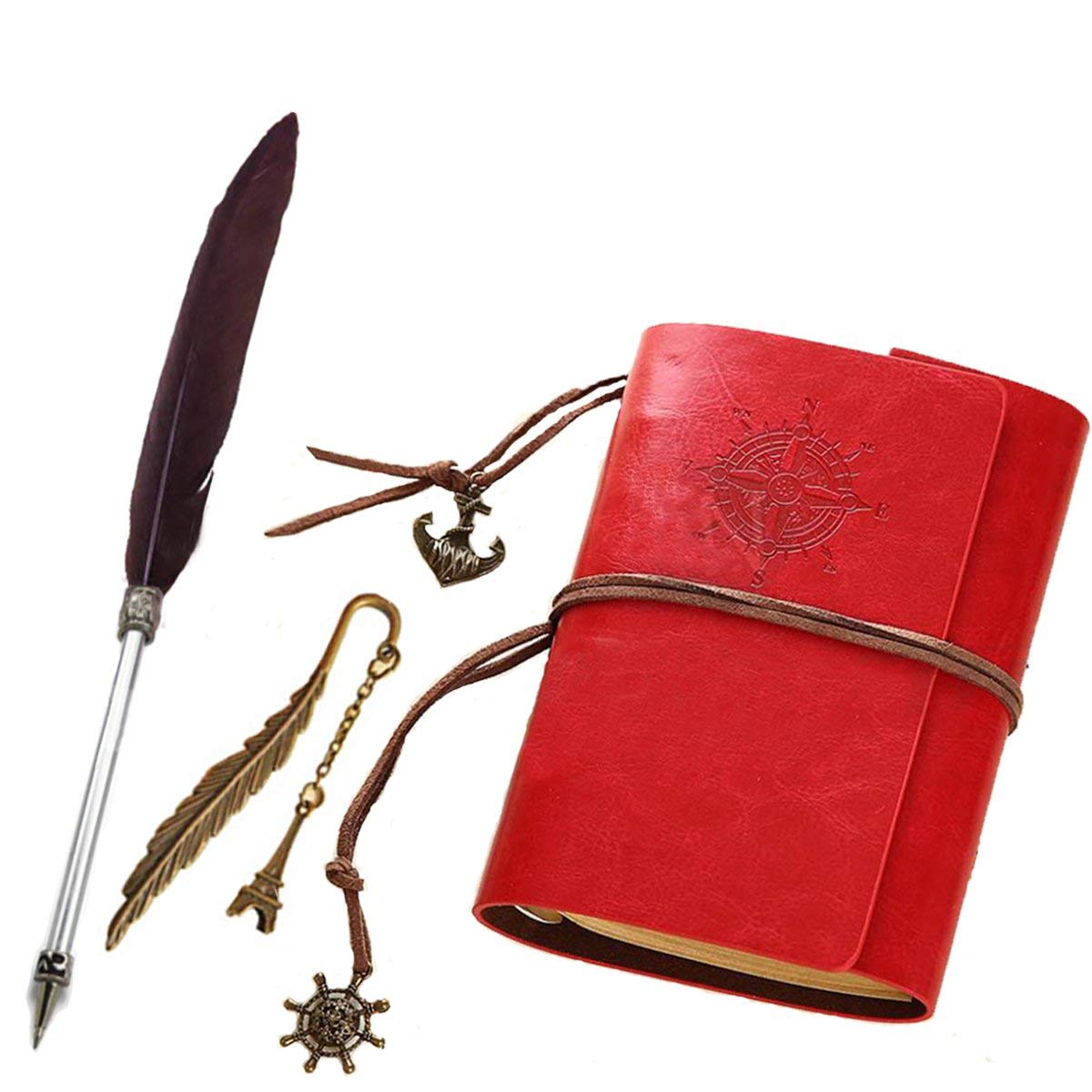 Classic PU Leather Diary Notebook with Feather Ballpoint Pen and Bookmark, Refillable Spiral Vintage Travelers Writing Journal Notebook Binder Notepad Art Sketching Sketchbook Scrapbooking Gift (Red)