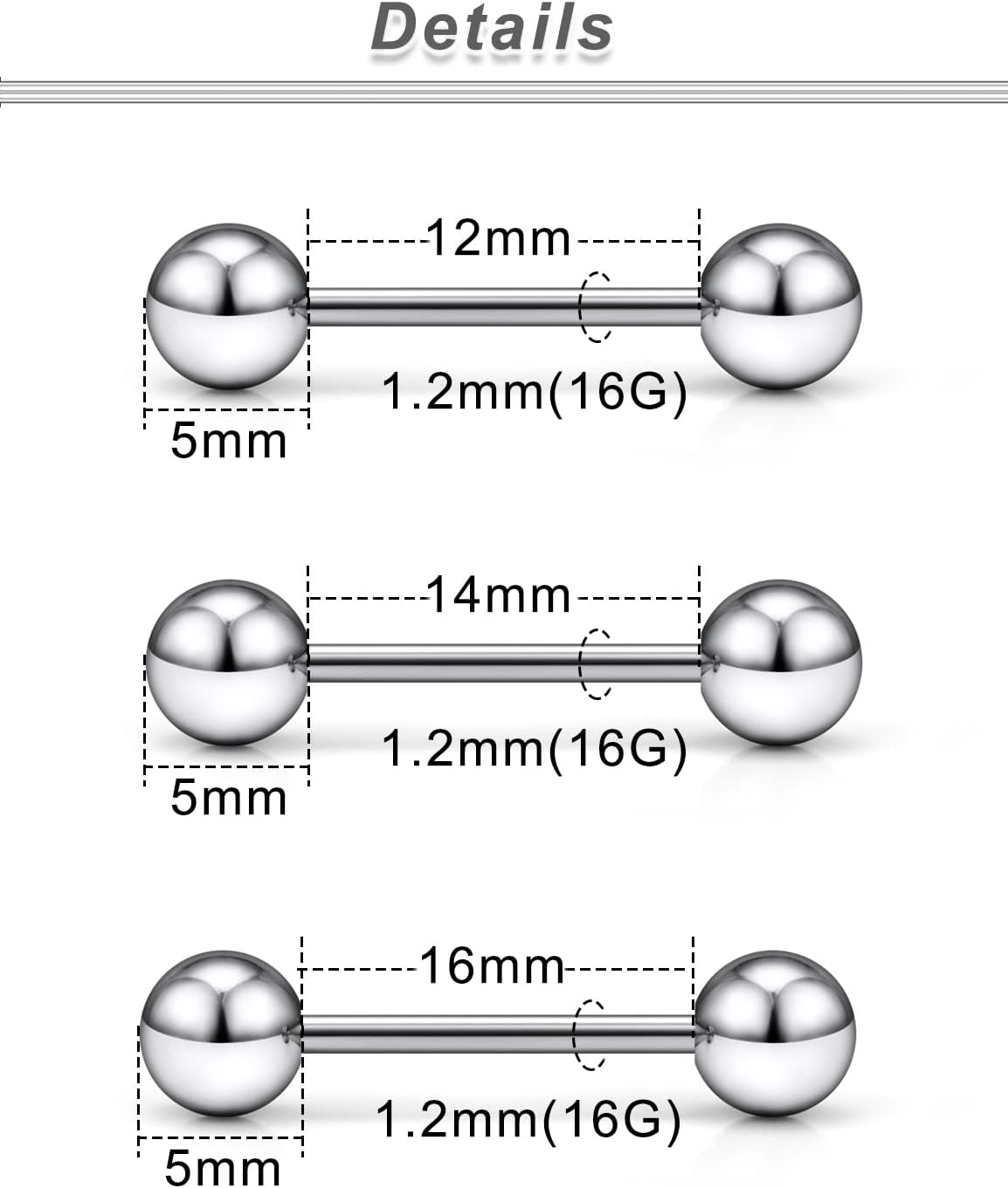 Ocptiy 16G 14G 12G Titanium Tongue Rings Nipple Piercings Externally/Internally Threaded G23 Hypaollergenic Nipple Tongue Barbells Piercing Jewelry for Women Men 12mm 14mm 16mm 19mm Bars - Image 2