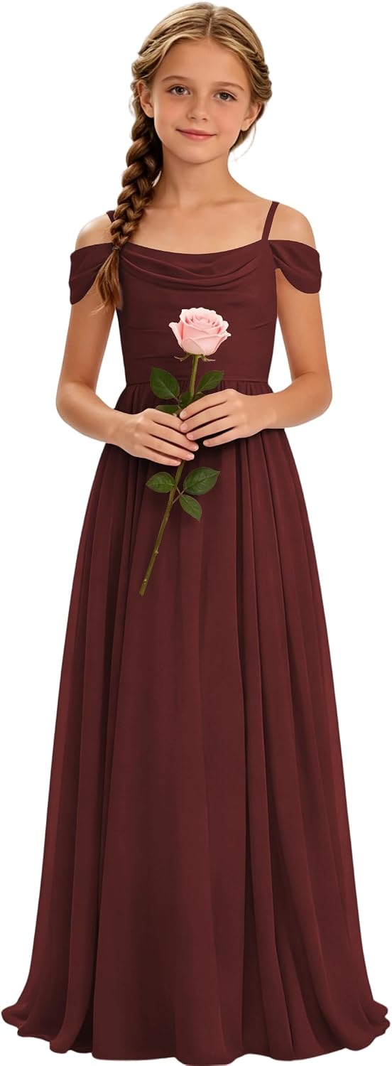 Off Shoulder Junior Bridesmaid Dress Chiffon Flower Girl Dresses Long Gown for Wedding Pageant Party 2-14