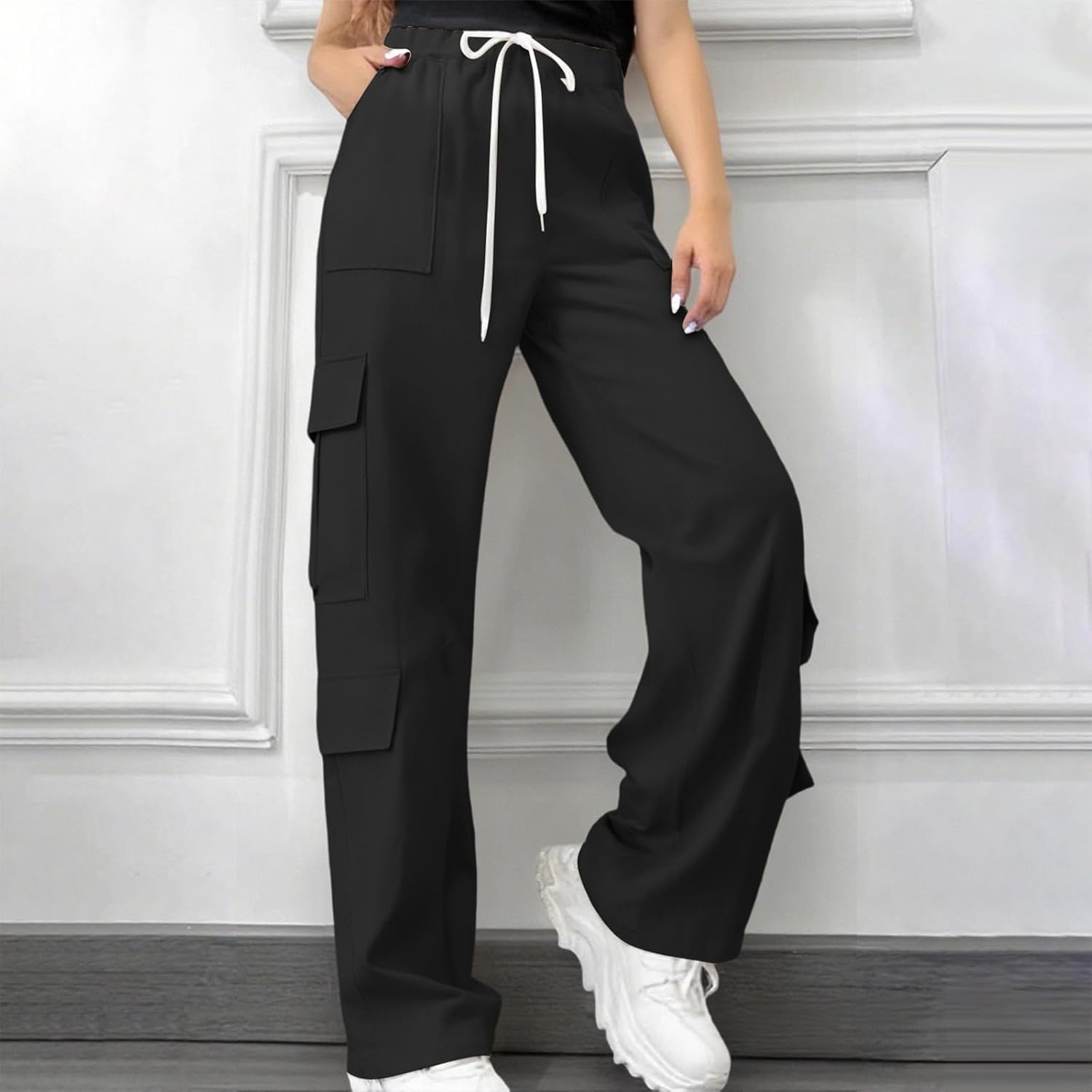 Cargo Pants for Women Baggy High Waisted Wide Leg Drawstring Hiking Pants Travel Casual Solid Color Y2K Streetwear