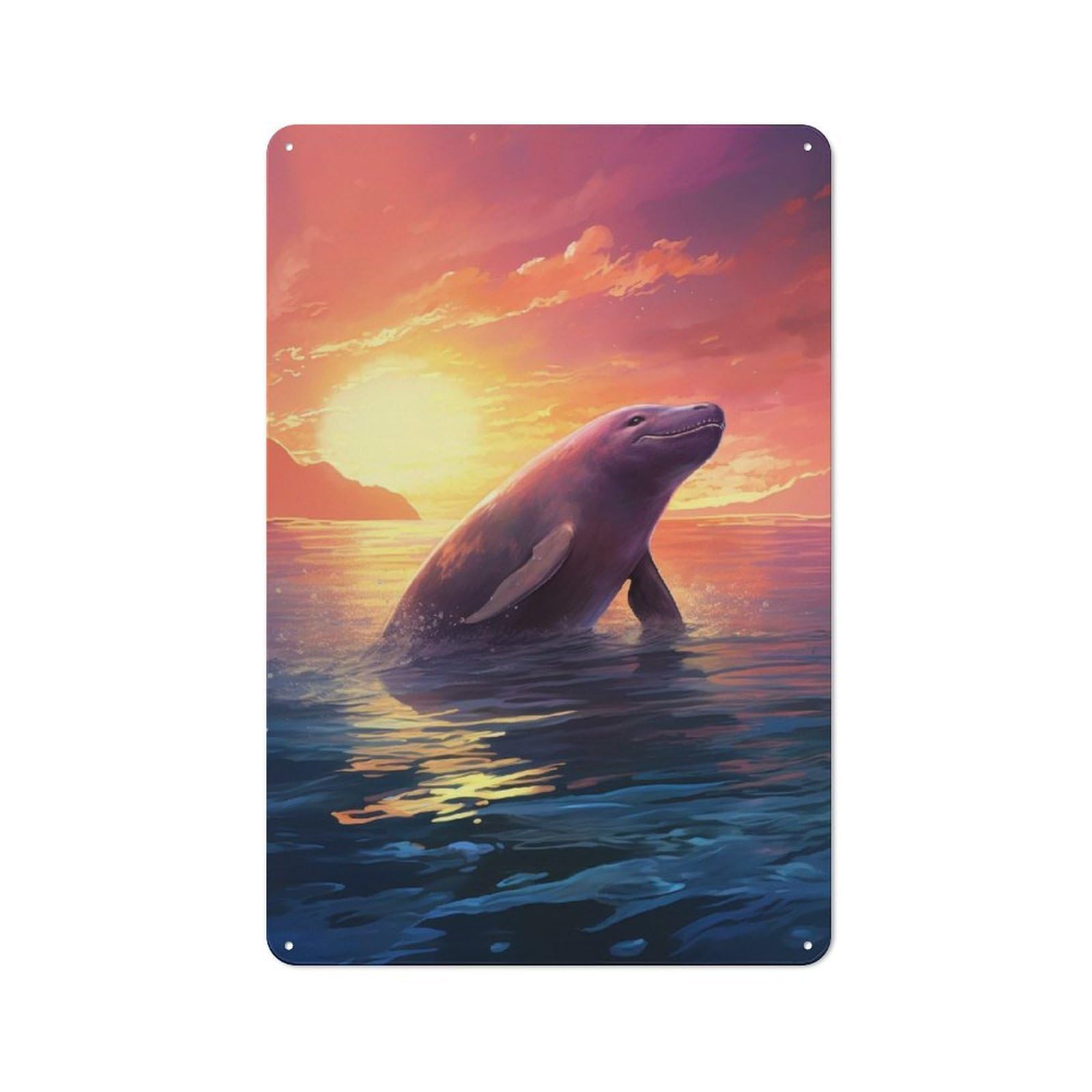Junmoney Dolphin Sunset 30X20cm Retro-Style Tin Sign With For Café Or Home Bar, For Metal Sign Collectors, For Garage And Workshop Walls