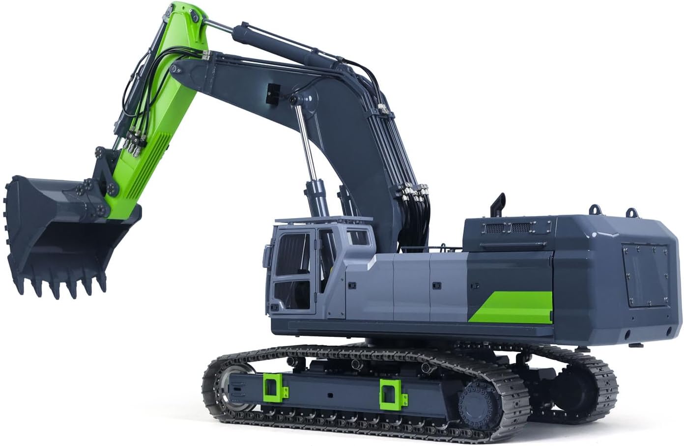 RTR 1/12 Remote Control Hydraulic Excavator 395F Heavy Duty Machine Metal 6CH Valves RC Digger Brushless Motor ESC Quick Coupler Hobby Grade Model for Ages 14+(Grren and Grey)