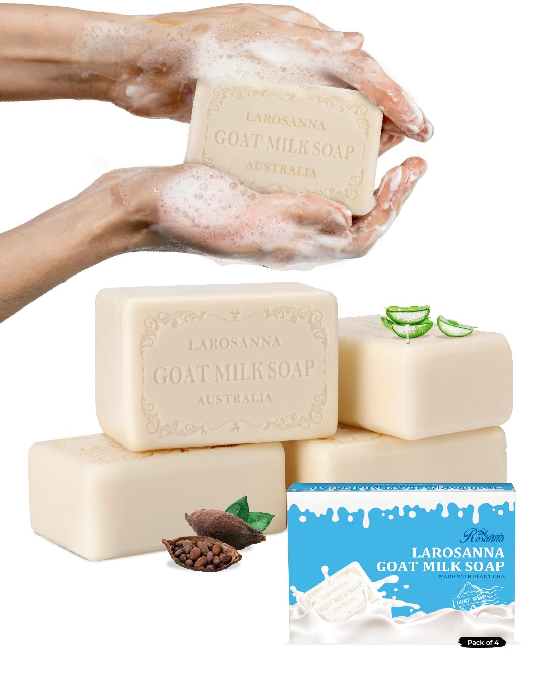 Australian Goat Milk Soap,Helps Moisturize,Smooth & Cleanse Skin,Triple-milled Bar Soap with Cocoa Butter,Aloe Vera and Pure Plant Oil,Body Soap Bars 6.3 oz for Adults & Babies,Pack of 4