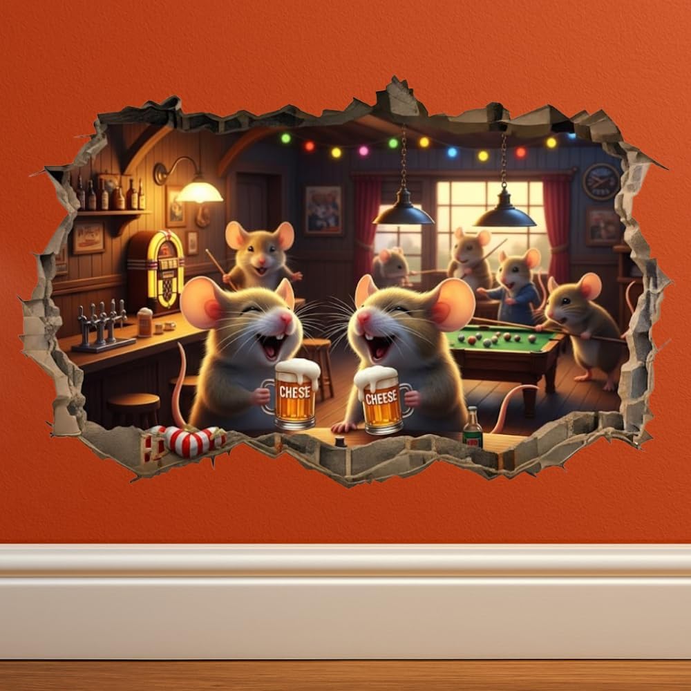 Funny Mouse Pub Wall Decal – 3D Break Through Wall Sticker, Peel and Stick Removable Vinyl, Mouse Bar Scene, Fun Wall Art for Bar, Game Room, Living Room, 5 inch