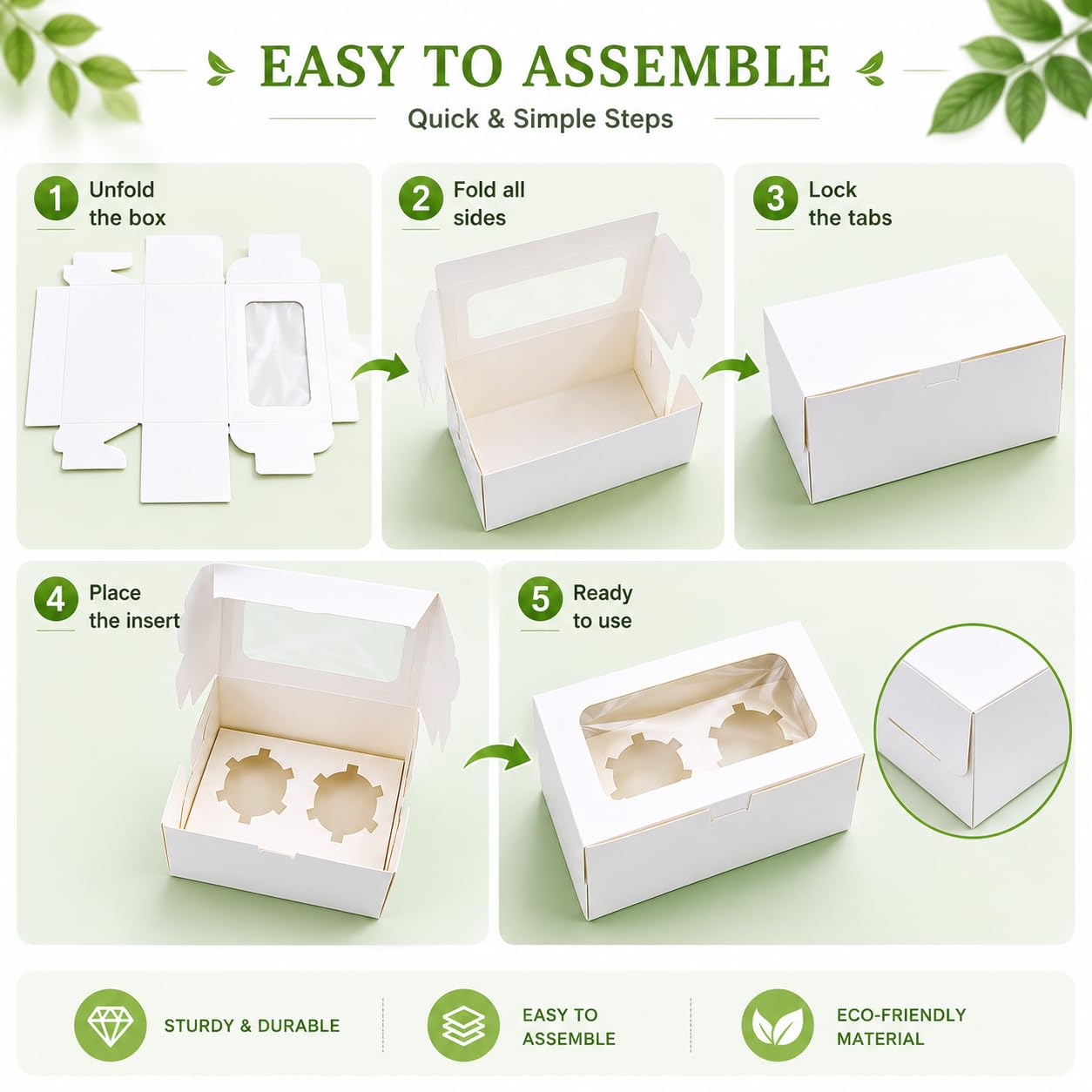 Pralb Paquete de 50 cajas de papel blanco para cupcakes con ventana de PVC y dos soportes para golosinas, caja de repostería y galletas, recipientes para cupcakes, caja de pasteles de panadería, caja