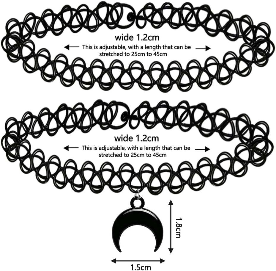 2PCS Crescent Moon Black Tattoo Choker Necklace 90s Choker Necklace Y2K Gothic Moon Pendent Chokers Witch Jewelry Adjustable Stretchy Elastic Necklace for Women