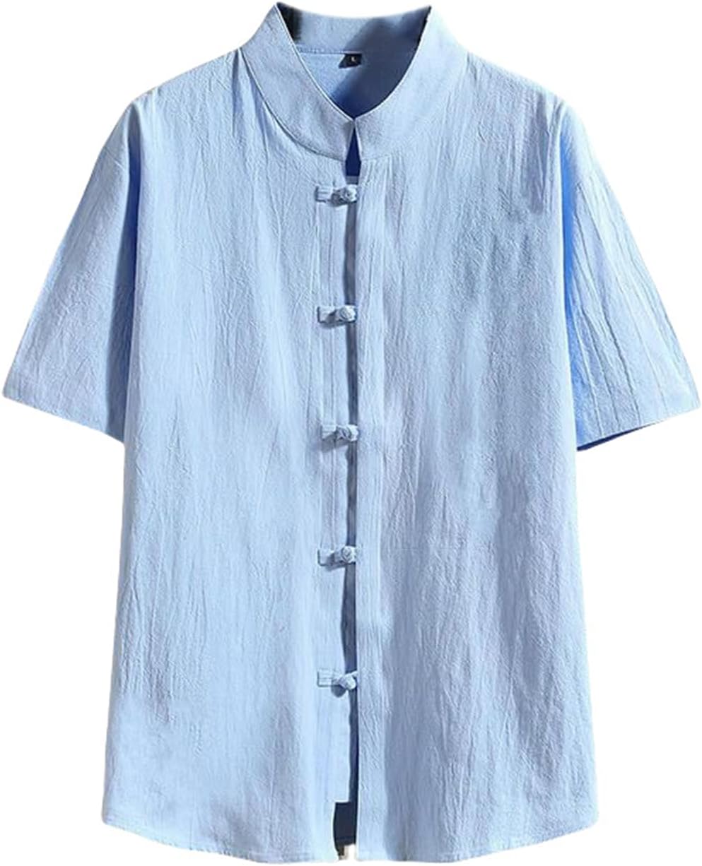 Men's Summer Chinese Style Cotton Linen Frog Button Solid Color Short Sleeve Shirt