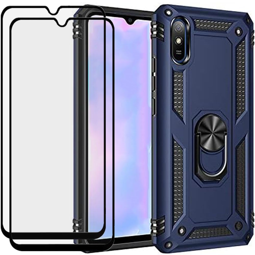 LosruGir for Xiaomi Redmi 9A Case, 2 in 1 Hybrid Heavy Duty Armor Shockproof Defender Kickstand Dual Layer Bumper Hard Back Case Cover Tempered Glass Screen Protector，Blue