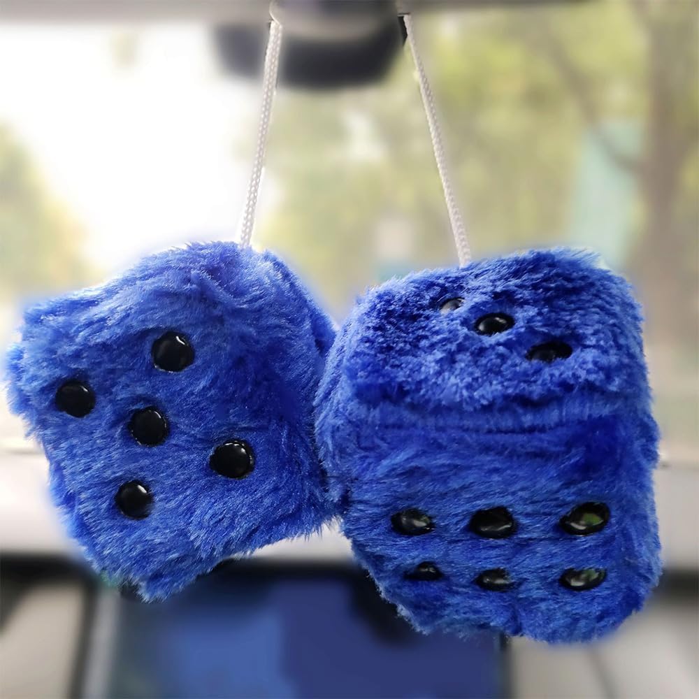 Fuzzy Plush Dice for Car Mirror, Pair of Retro 3” Dark Blue Dice with White Dots for Car Interior Hanging Ornament Decoration (Dark Blue)