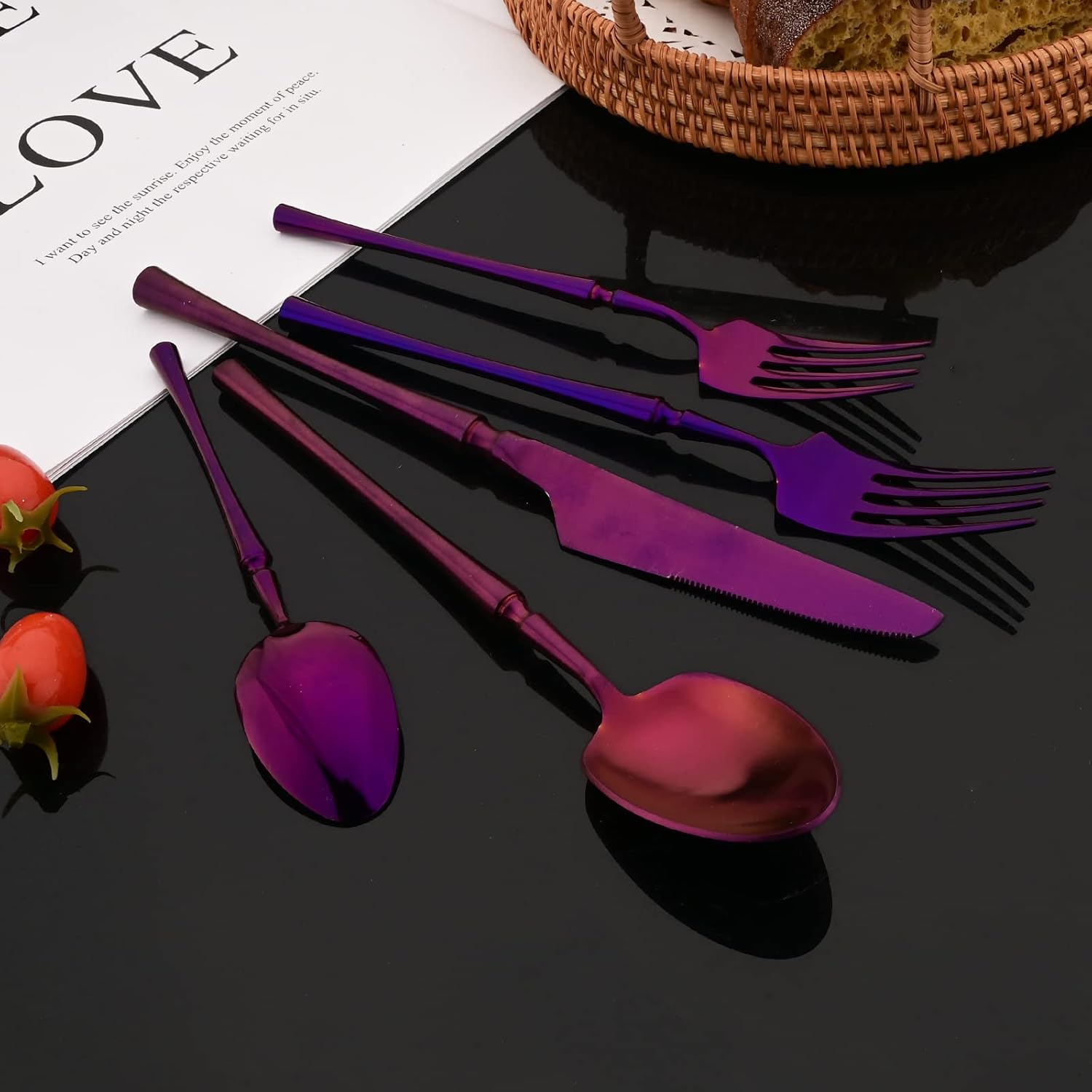 JASHII Matte Purple Silverware Set, 20pcs 304 Stainles Steel Vintage Eating Utensils with Unique Handle, Service for 4, Knife Fork Spoon Set, Dishwasher Safe