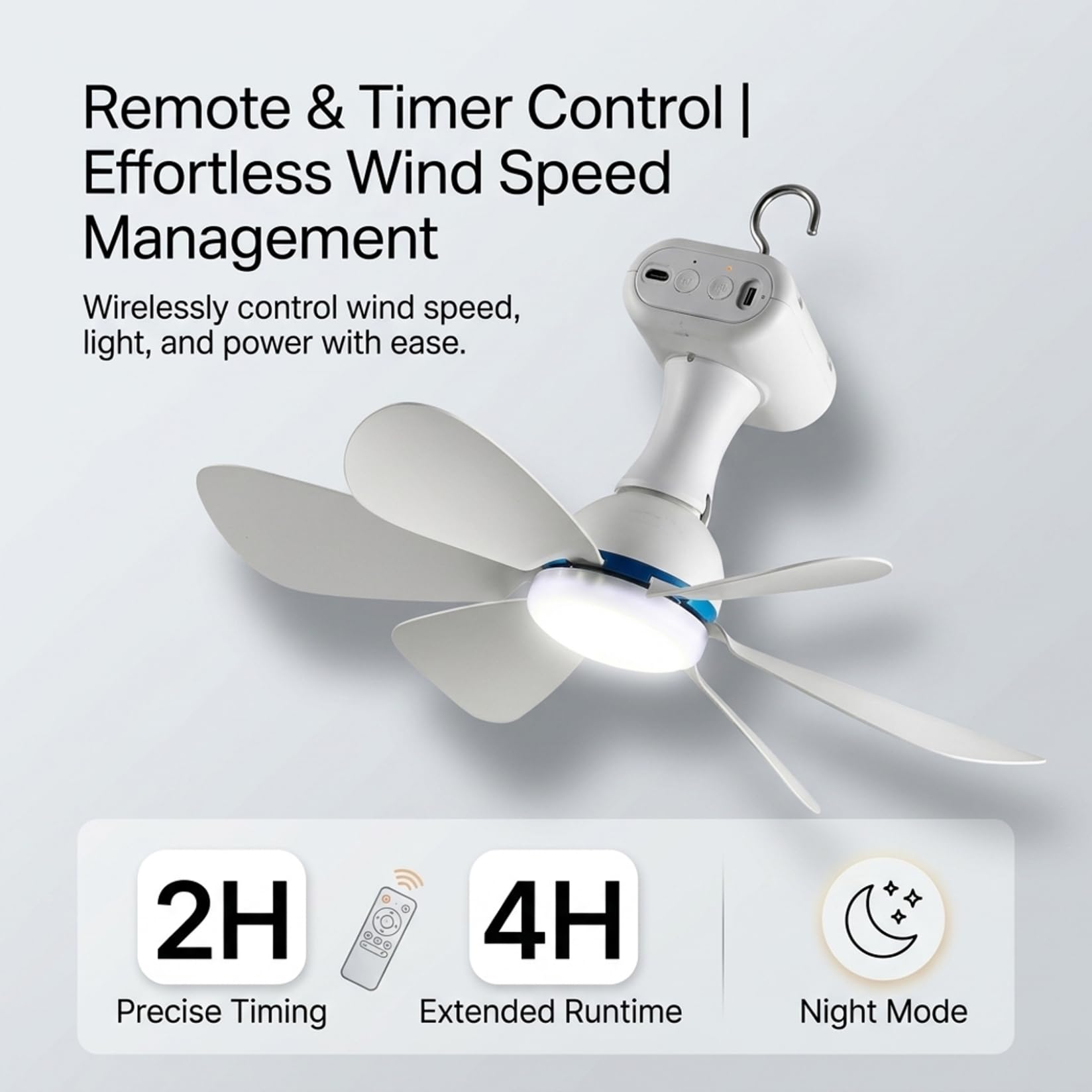 Ventilatore da soffitto solare con telecomando, ventilatore da soffitto portatile con batteria da 6000 mAh, pannello da 6 W per uso interno ed esterno in dormitorio, patio, campeggio, bianco