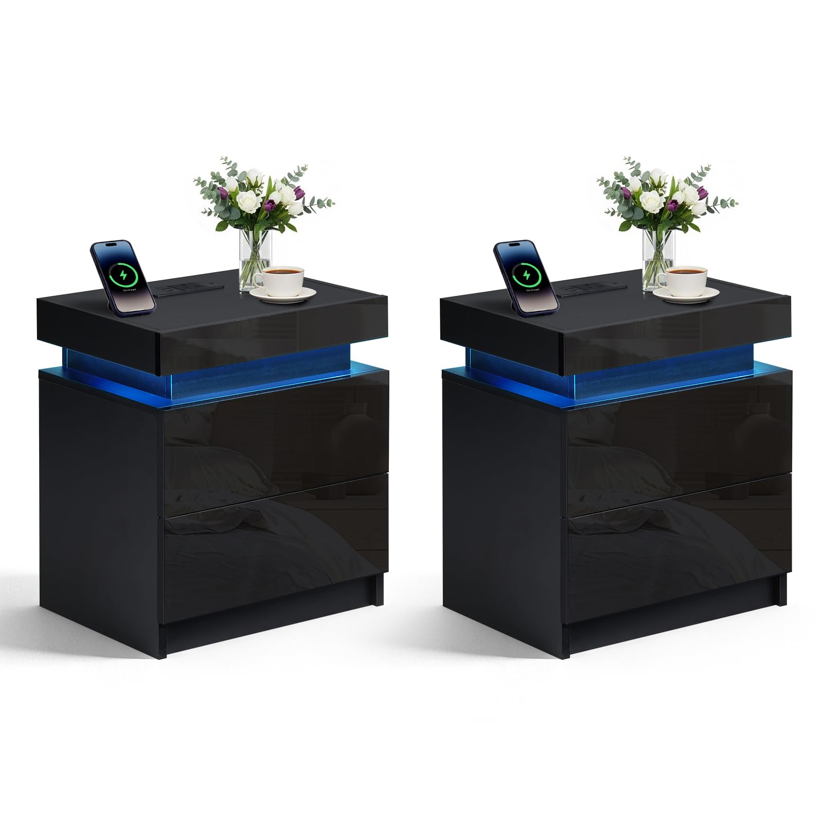 LEMROE 2-Drawer Bedside Tables Set of 2, Black High Gloss Fronts – APP-Controlled LED Lights & Charging Station with Flip Top, Modern Nightstands for Home, Media Room