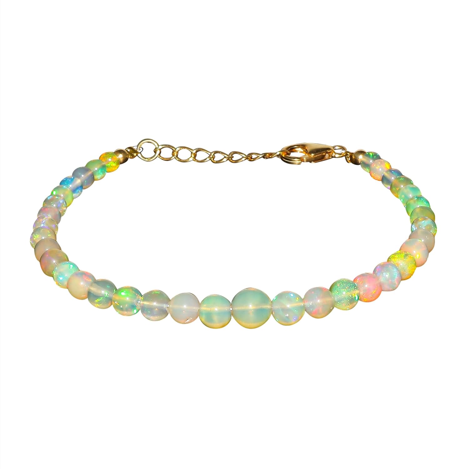 CRYSTALIS Natural Welo Ethiopian Opal Adjustable Bracelet, Real Gemstones, Chakra Healing Stones, Gift Giving Jewelry, 14K Gold Plated 925 Sterling Silver Womens Bracelet 8 inch