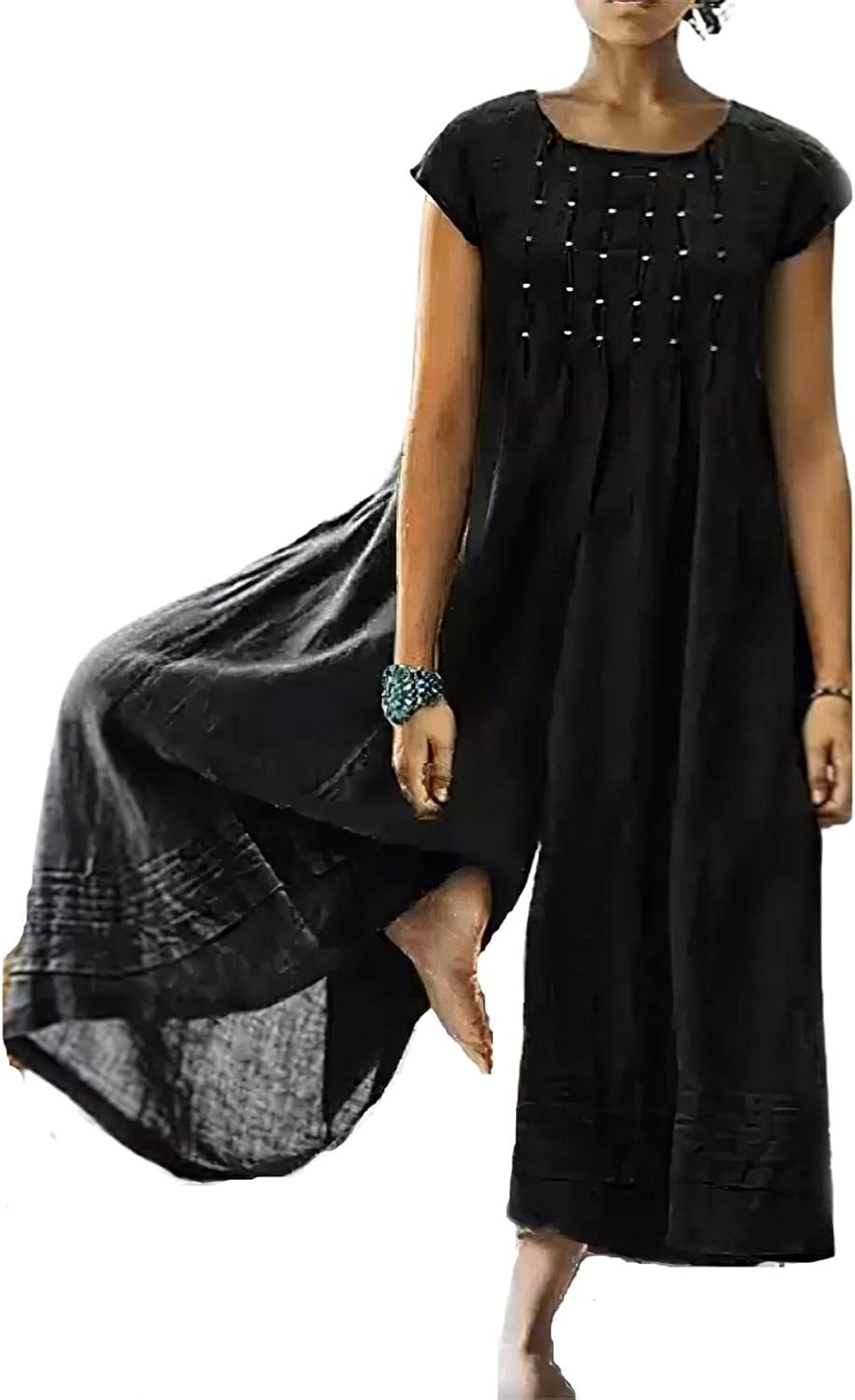 Akivide Women's Loose Wide Leg Jumpsuits Cotton Linen Casual Summer Short Sleeve