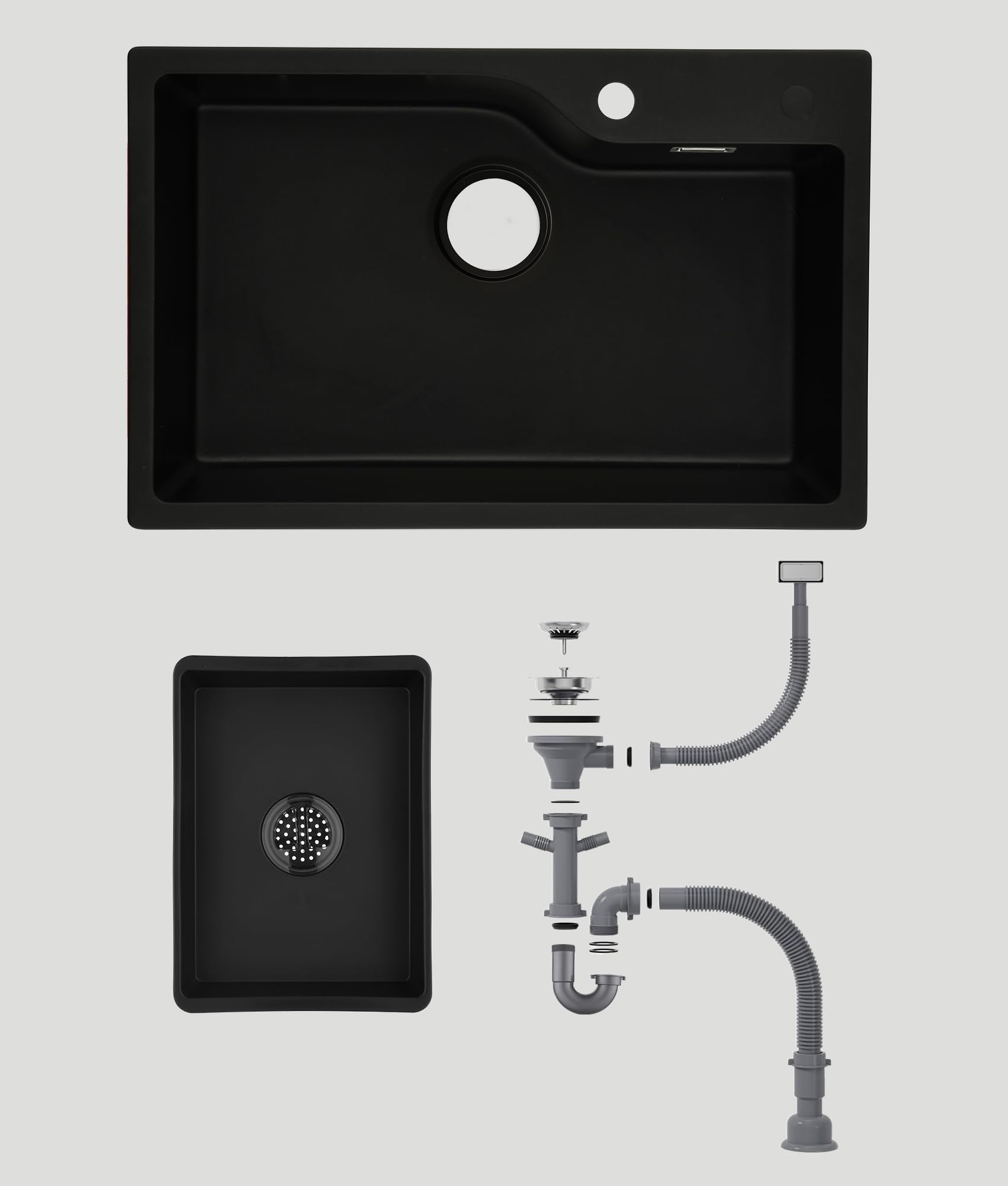 Évier de Cuisine Noir en Granit, Evier Cuisine 1 Bac 70 x 45 cm, Avec Bac Intérieur de Rechange et Vidange, Évier Cuisine Adaptable aux Meubles Bas à Partir de 80 cm de Largeur