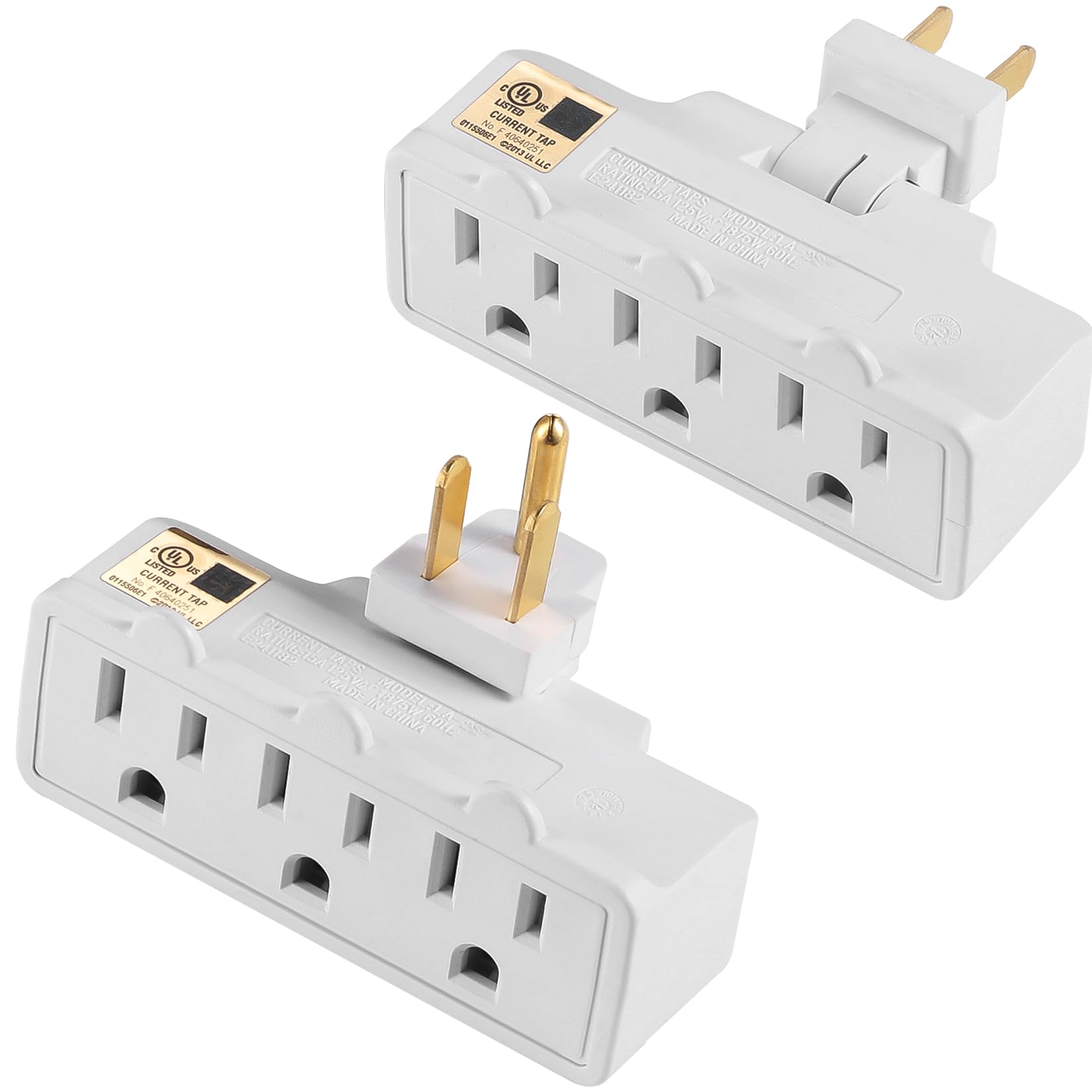 FiiMan 3 Outlet Wall Adapter, UL Listed 3-Prong Grounded 180 Degree Swivel Wall Plug Adapter Adjustable 3 Way Outlet Extender Tap,White (White, 2 Pack