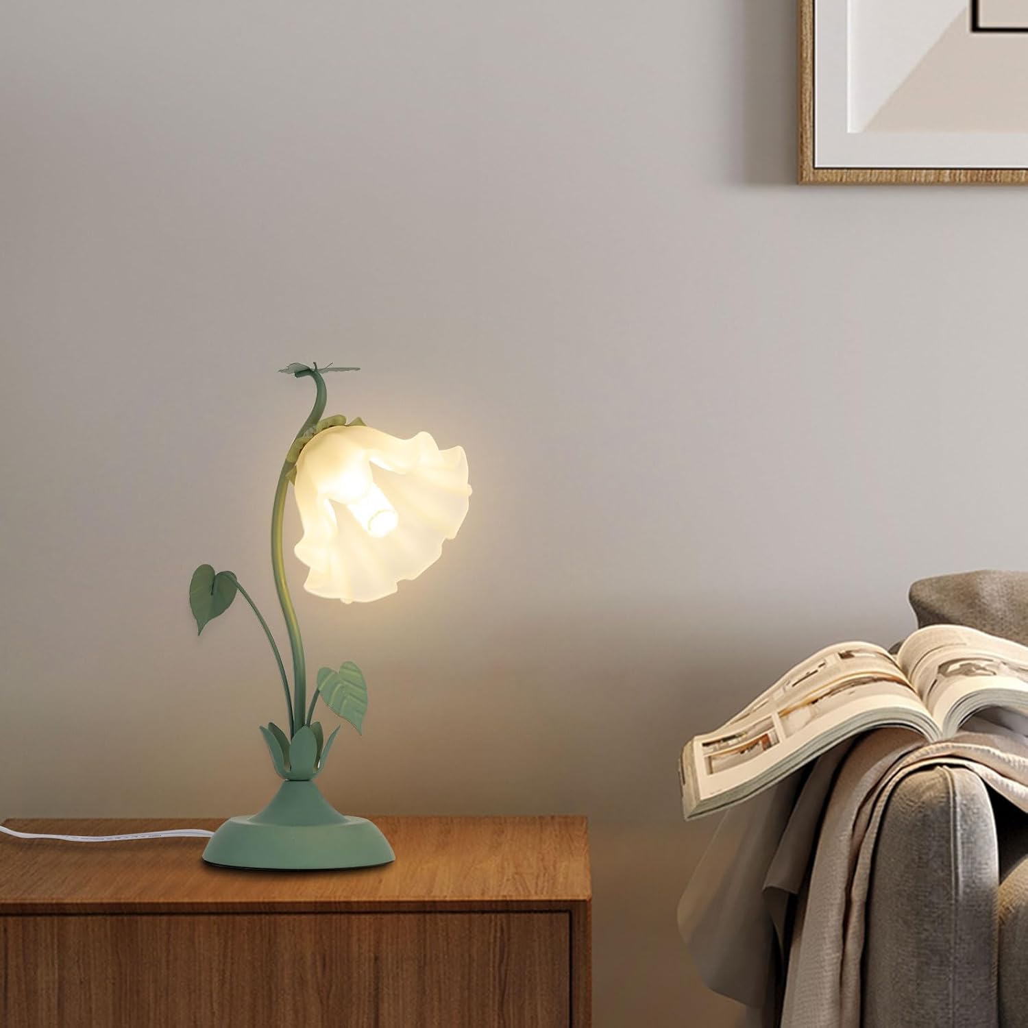 Eapmic Modern Bedside Lamp Stained Glass Flower Table Reading Lamps Nightstand Desk Lights, One-Light, 17.7inches Tall for Bedroom, Living Room, Office, Dresser(Style 7,Green)