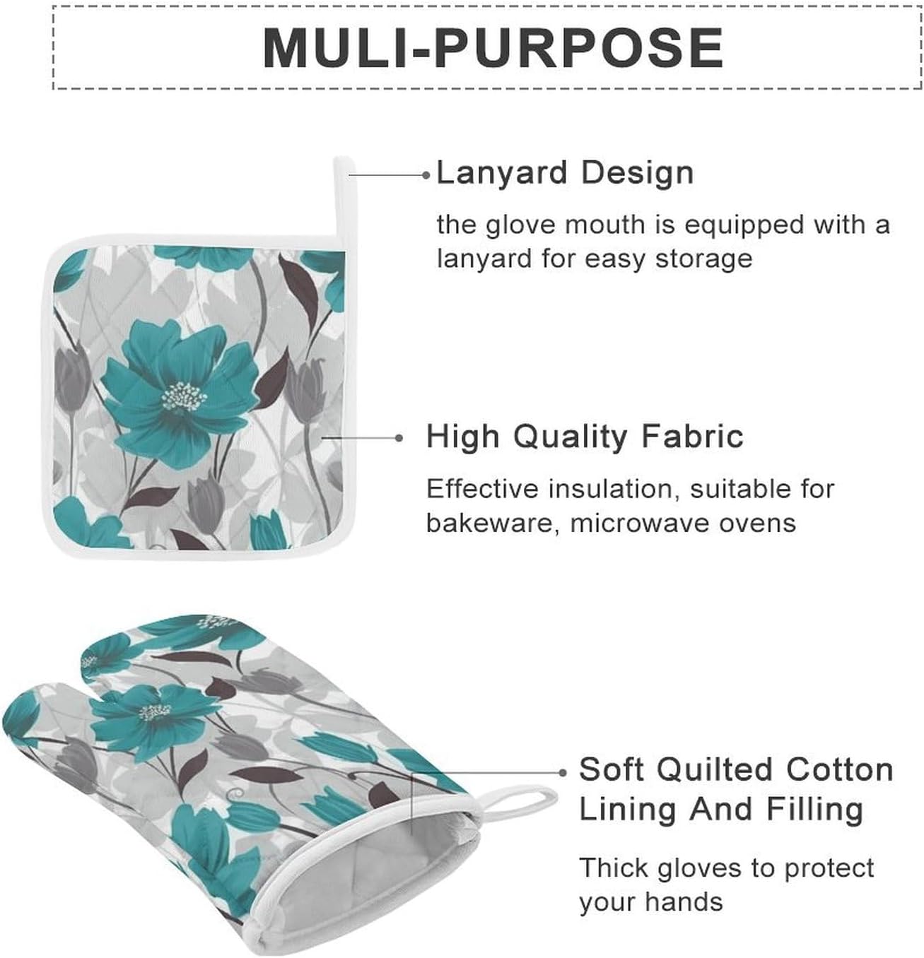 Oven Mitts Pot Holders Kitchen Teal Grey and White Floral Heat Resistant Oven Glove for Baking and Cooking