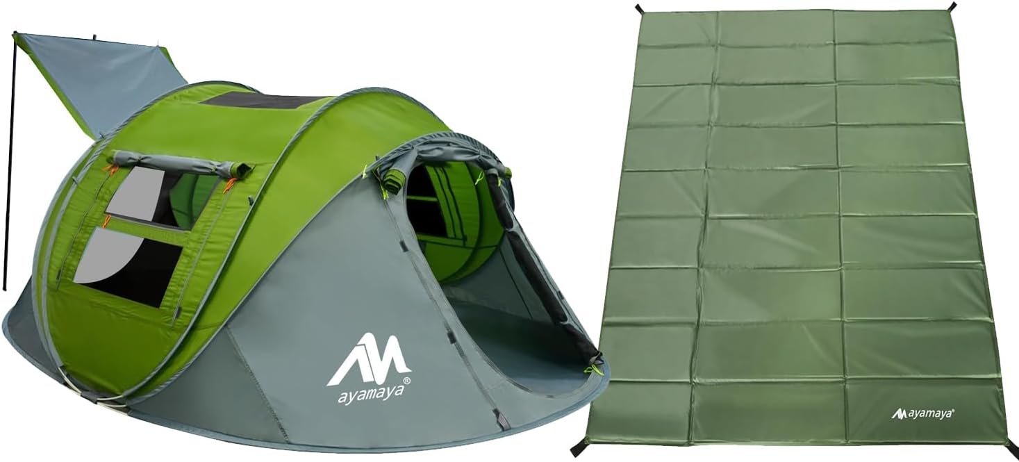 Foam Sleeping Pad + Pop Up Tent, Waterproof Foldable Camping Mattress Tent Footprint & Green 4 Person Tent for Camping