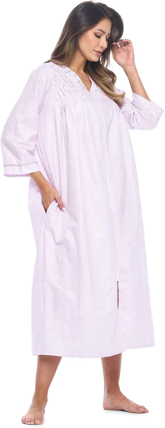 Casual Nights Women's Zip Front Woven House Dress | 3/4 Sleeves Housecoat Long Duster Lounger - Image 2