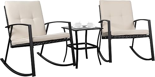 Miniatura 8 de Shintenchi Juego de 3 piezas de bistró mecedoras para exteriores, muebles pequeños de tela de textileno, sillas mecedoras de porche delantero, juego