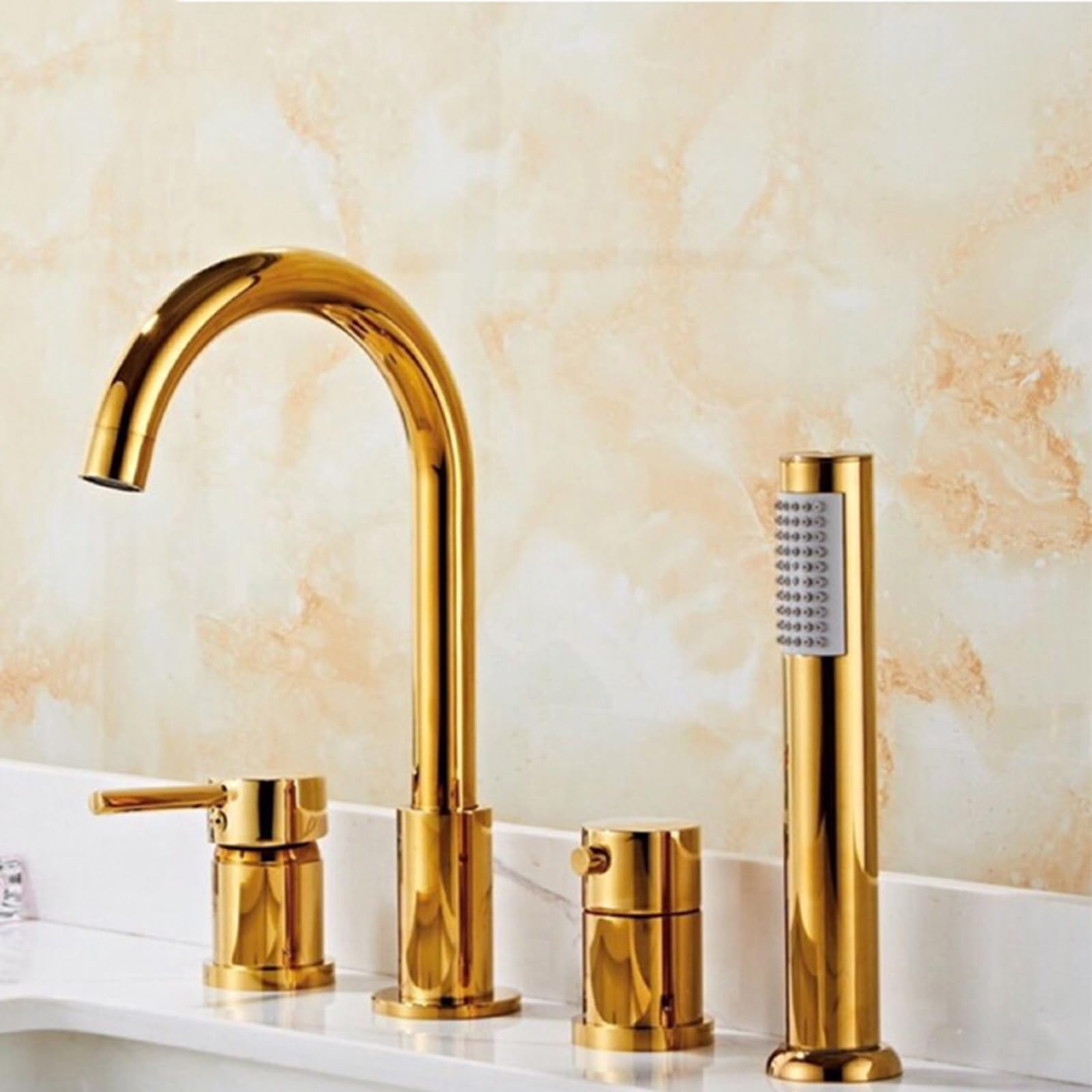 BHGFYXBS 4 Hole Bath Shower Mixer Tap Gold Gooseneck Spout Single Lever Shower Head And Hose Set For Bath Taps,Gold