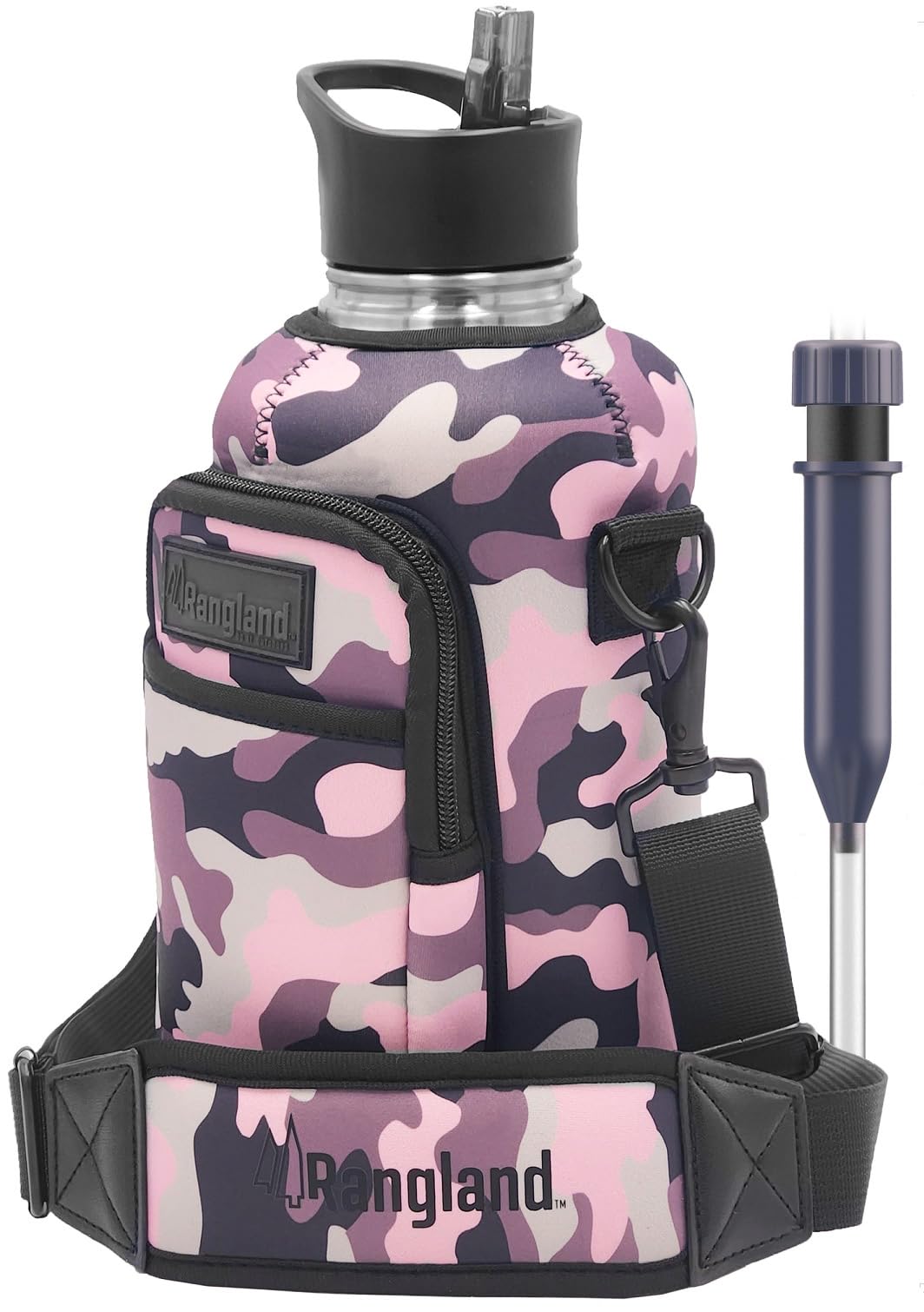 Isolierte 1,8 l gefilterte Wasserflasche für Damen, mit Crossbody-Tragetasche, Sport-Strohhalm-Deckel, Kohlefilter, Neoprenhülle mit Tragegurt (Edelstahl), Camouflage-Pink