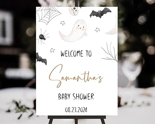 Miniatura 19 de Letrero de bienvenida personalizado de Halloween para baby shower, Little Boo Is Almost Due, decoración imprimible de Halloween, decoración