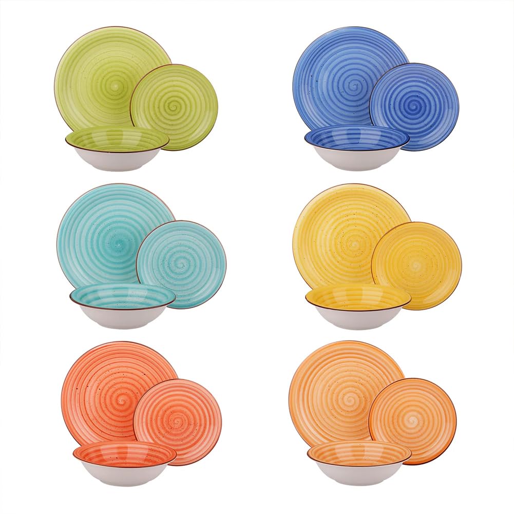 Shally Dogan Service d'assiettes pour 6 personnes en céramique multicolore, lot de 18 pièces servi de table colorée en grès cérame, assiette, assiette, fruits ou sucrés, accessoires de cuisine design