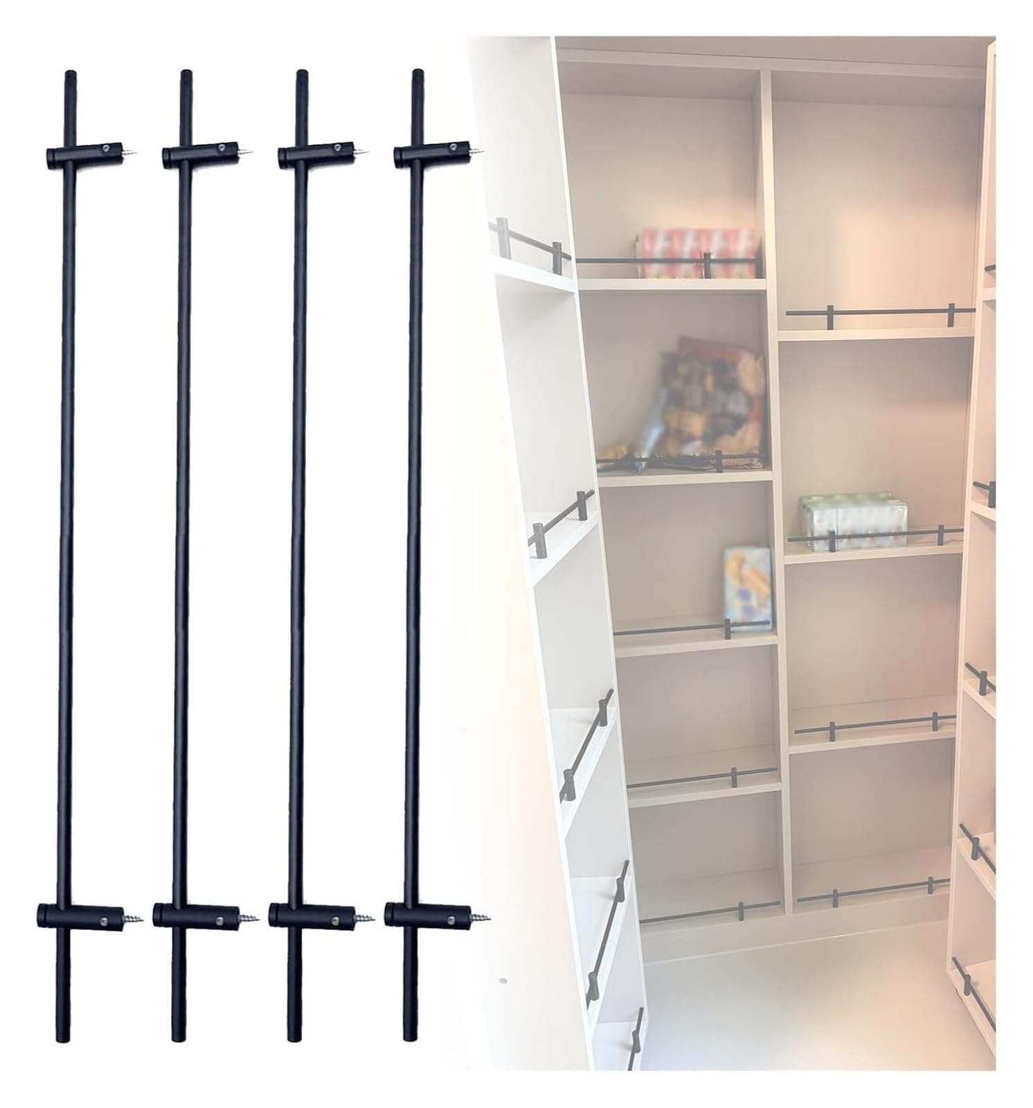 4er-Set Schwarze Metall-Regelschutzleisten, Vordere Absperrstangen für Holzregale, Absturzsicherung für Küche, Kleiderschrank, Bücherregal, Weinschränke(40cm)
