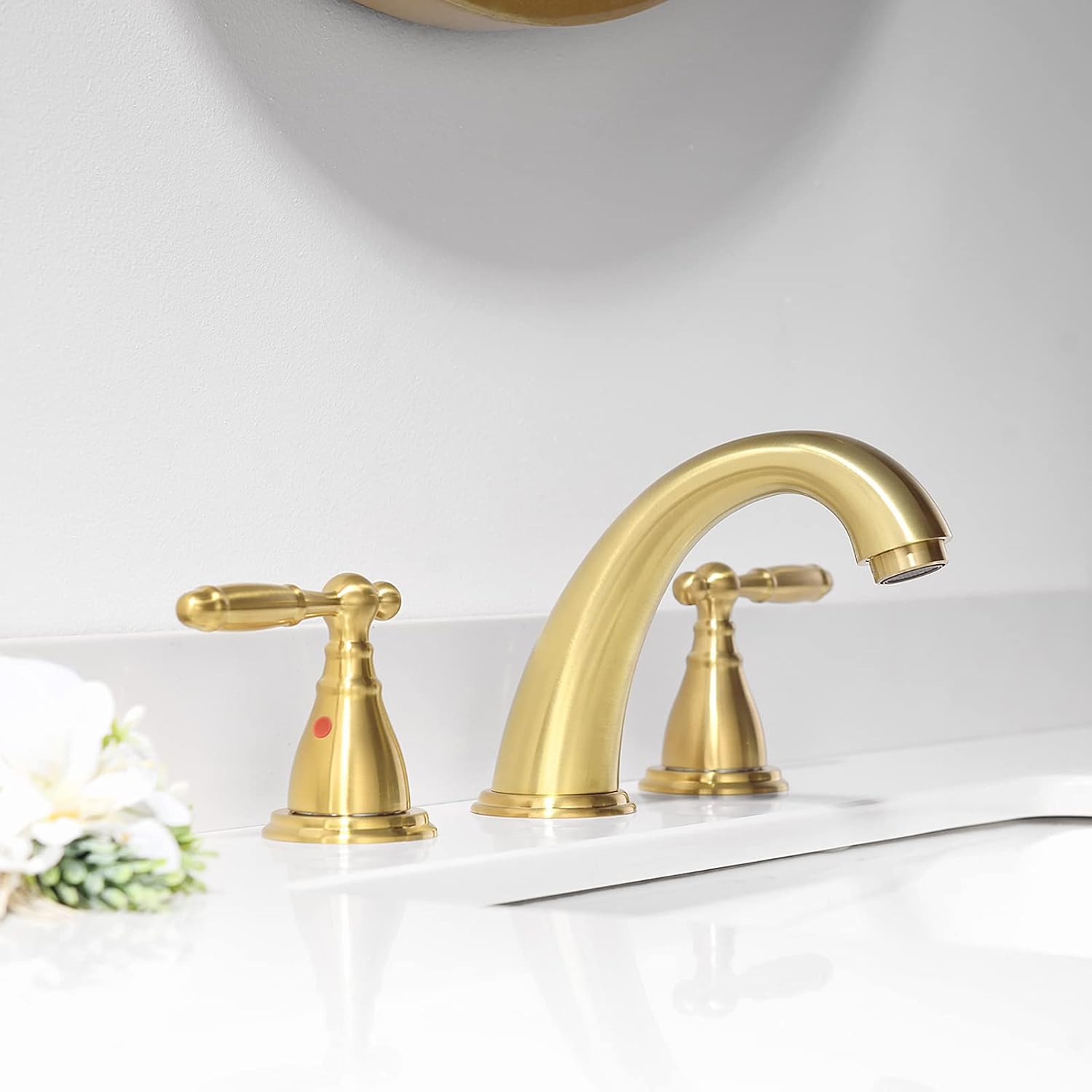 Phiestina Widespread Brushed Gold 8 Inch 3 Hole 2-Handle Bathroom Faucet with Metal Pop-Up Drain Assembly, Low Arc Bathroom Sink Faucet, WF008-4-BG