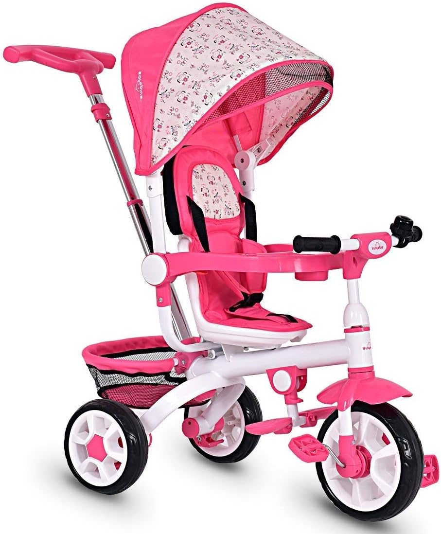 One-Day Sale: Up to 40% Off HONEY JOY Tricycle for Toddlers, 4 In 1 Baby Stroll Trike w/Adjustable Canopy & Storage Basket, Detachable Sponge Guardrail, Safety Harness, Kids Tricycle w/Push Handle, for 1 Year Old Boy Girl (Pink)