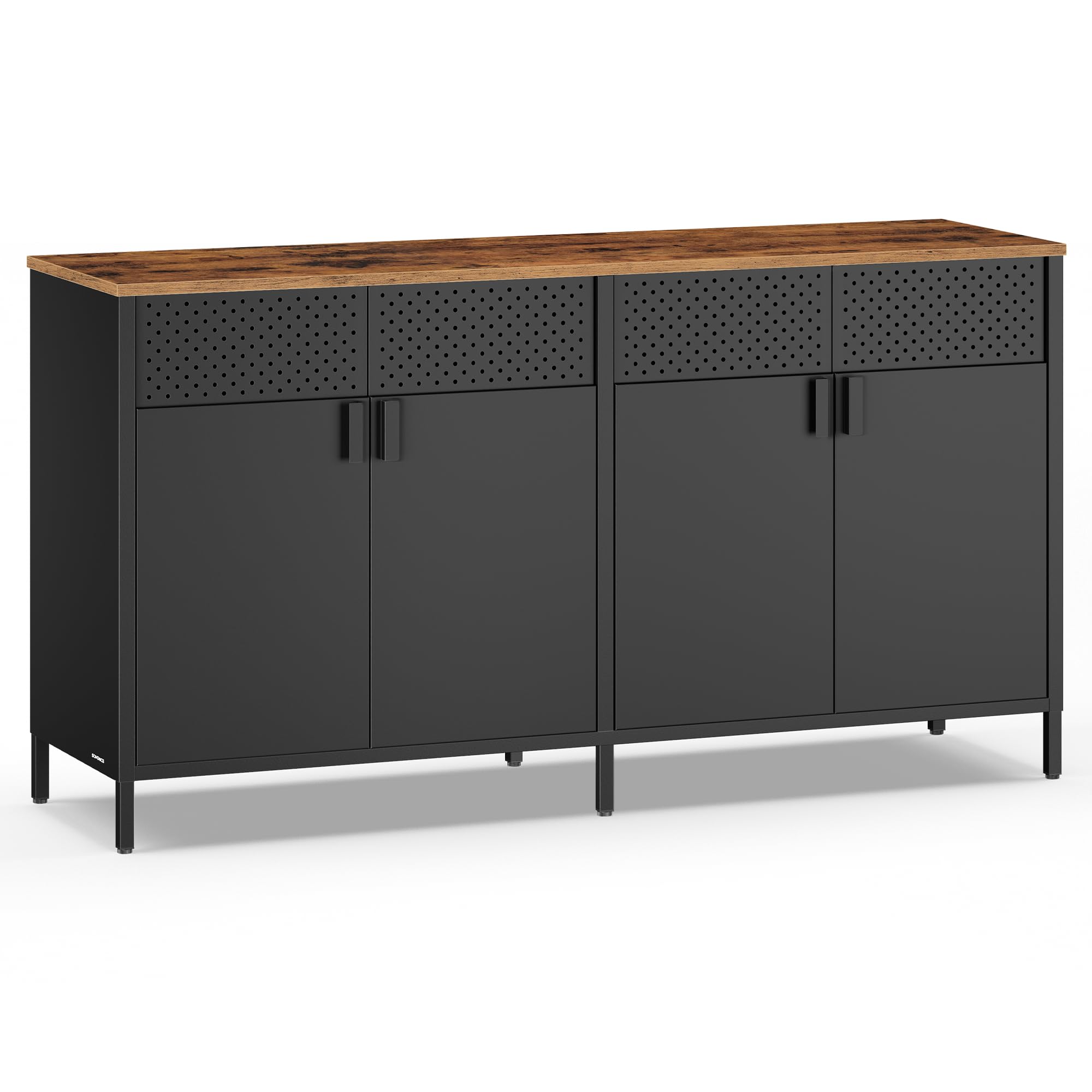 SONGMICS Aufbewahrungsschrank, Metallschrank, mit 4 Türen, Magnetverschluss, Verstellbarer Einlegeboden, Stahlgestell, 40 x 141 x 76 cm, tintenschwarz-vintagebraun LSC205BD01