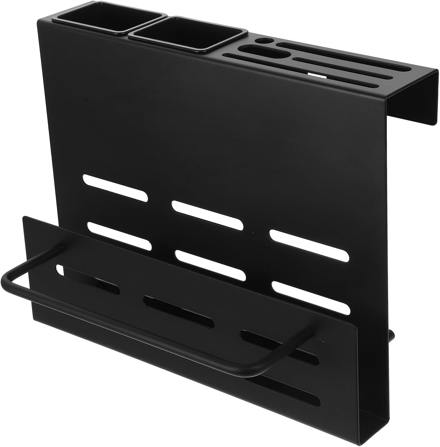 Ciieeo Multi-function Wall Mount Kitchen Utensil Holder with Chopstick Cups and Cutting Board Stand, Sturdy Black Storage Rack for Home Cooking Organization