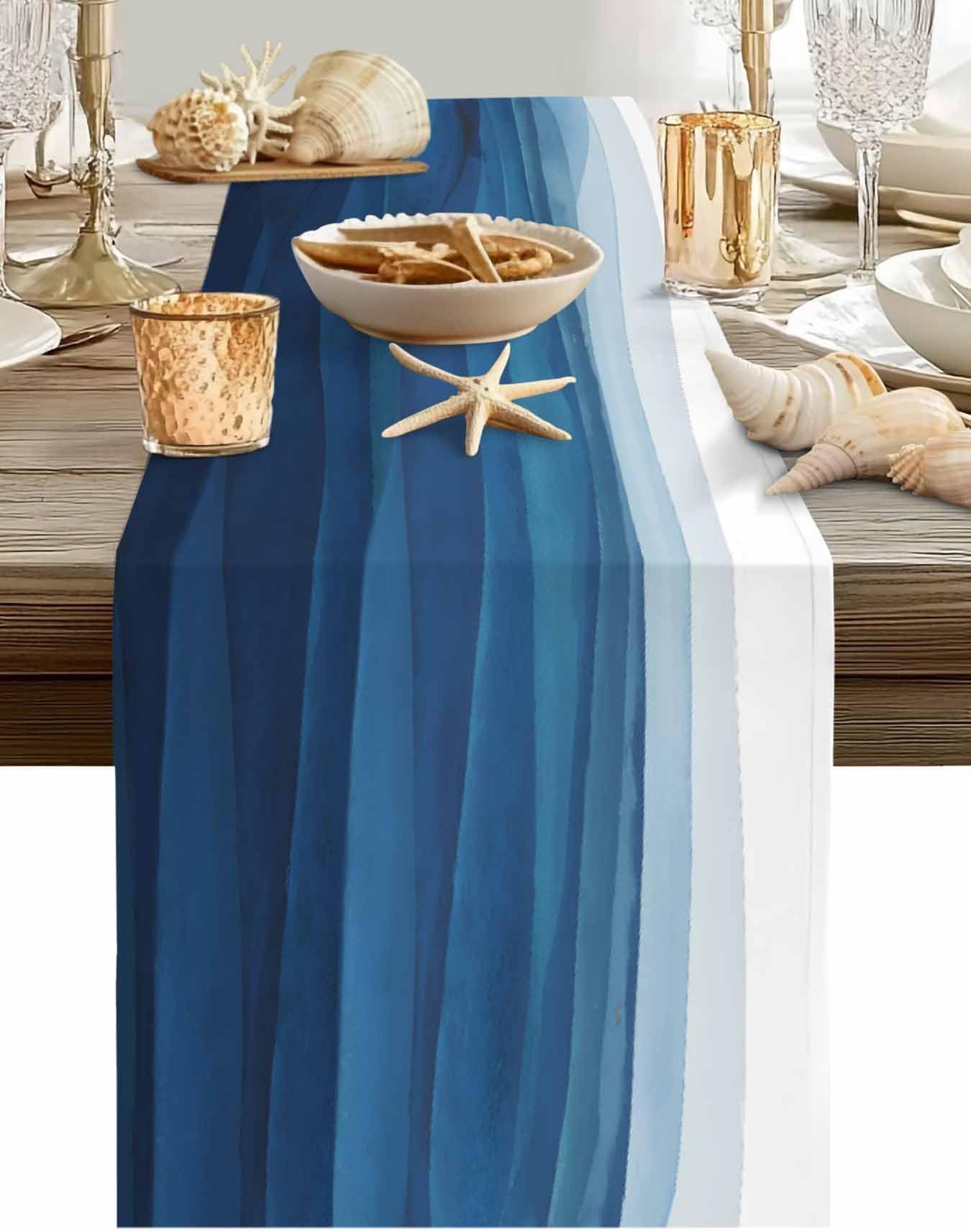 Vandarllin Blue White Table Runner, Non-Slip Dining Table Runners for Kitchen, Ombre Ocean Wave Coffee Table Runners Dresser Scarf for Living Room Garden Wedding Parties (13x90 inches Long)