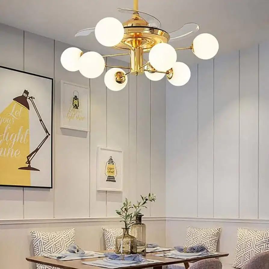 Image of HDC 12-Light Gold Frost Glass Ceiling Fan Chandelier - Modern Retractable Blade Fan with LED 3-Color Settings & Remote Control - Luxury Fan for Living Room, Hall & Bedroom (Bulb not Included)