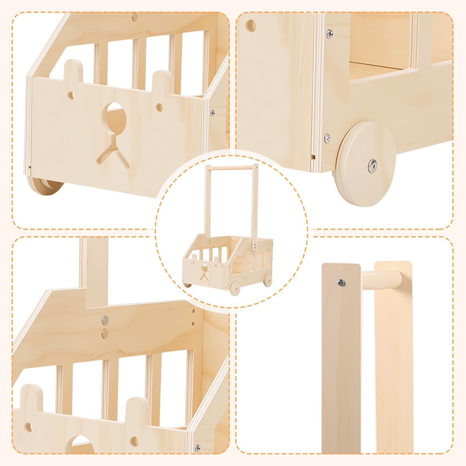 Cesto Nascita Bimbo in Legno con Ruote, Maniglia e 5 Grucce, Cesto Regalo Organizzatore per Prodotti Neonato, Idea Regalo Nascita e Regalo Baby Shower, Design Orsetto per Cameretta