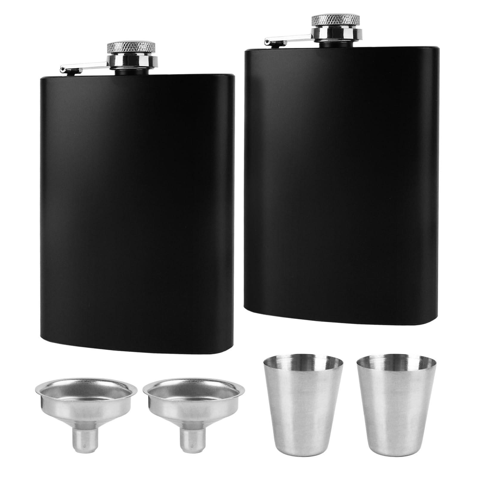 2 Pack 8 Oz Black Matte Stainless Steel Flasks, Leakproof with 2 Funnels and Cups, Ideal for Outdoor Travel and Daily Use, Great Gift for Men