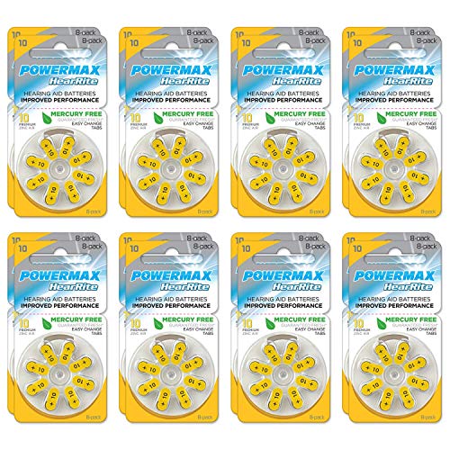 Powermax Size 10 Hearing Aid Batteries, 120 Count Long-Lasting Battery Pack, Yellow Long Tab for Easy Change