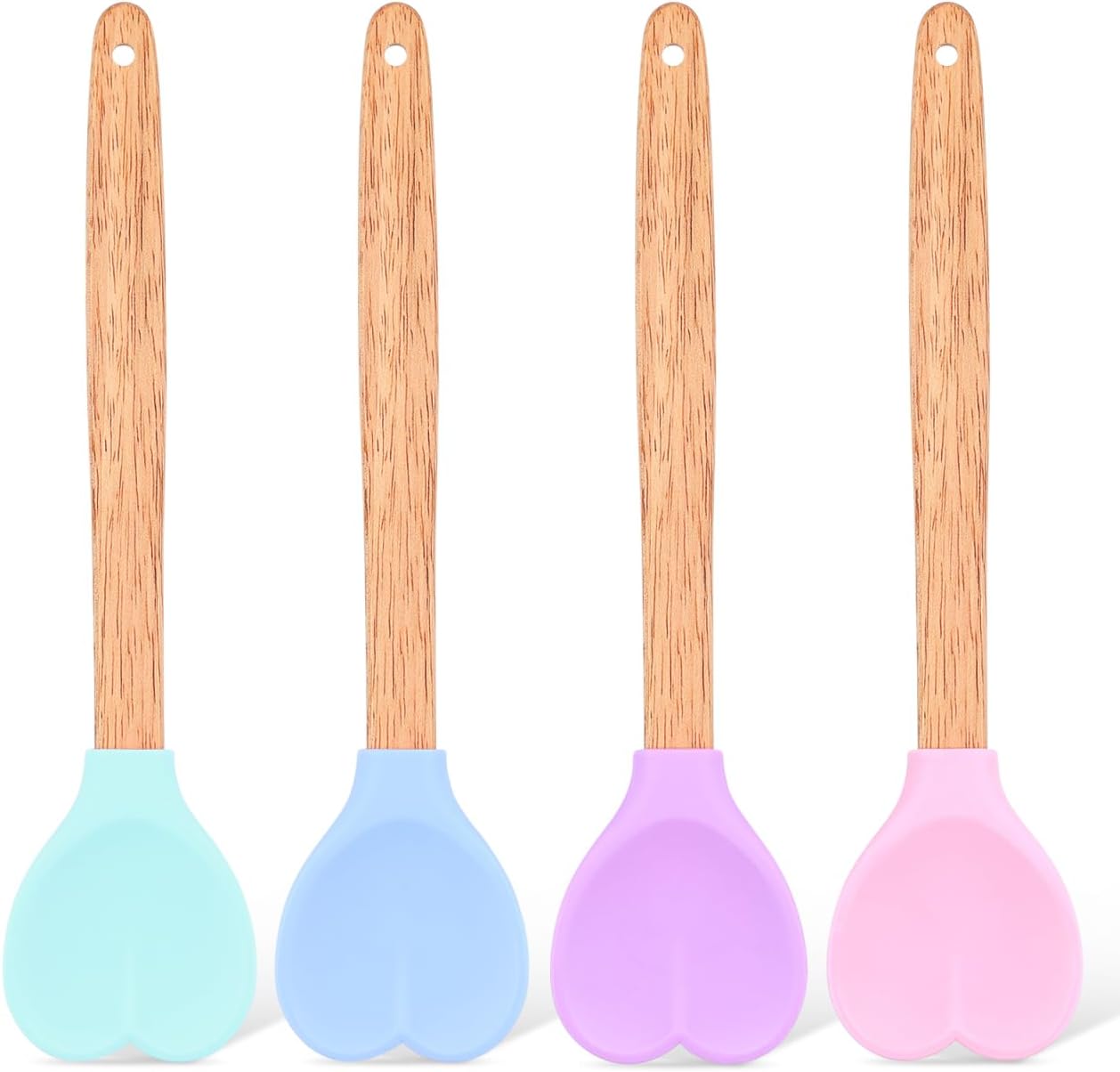 HOMSFOU 4 pack Heart Shaped Silicone Spoons 11.02 inch Mixing Spoon Set for Soup Salad Stirring Serving Home Kitchen Restaurant Picnic with Wooden Handles