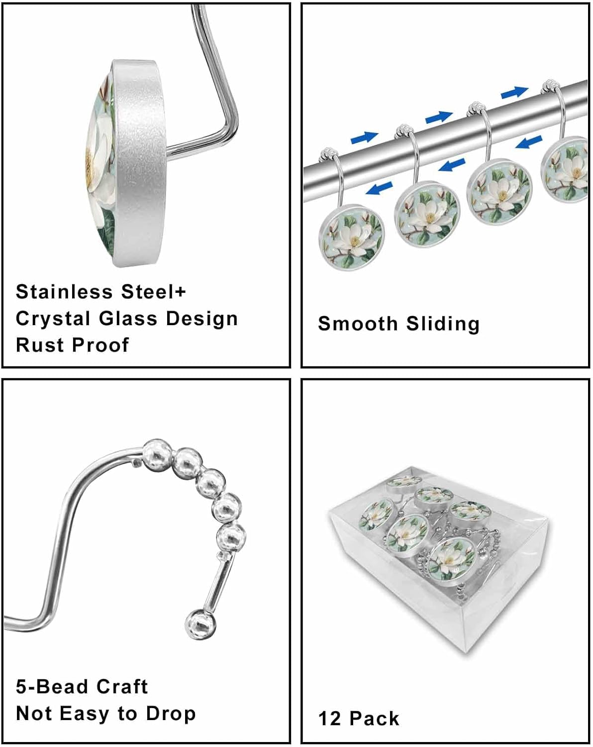 Flowers Shower Curtain Hooks 12 Pcs Spring White Magnolia Branch Teal Background Stainless Steel Rust Proof Rolling Shower Curtain Rings, Decorative Shower Curtain Hooks Hangers for Bathroom